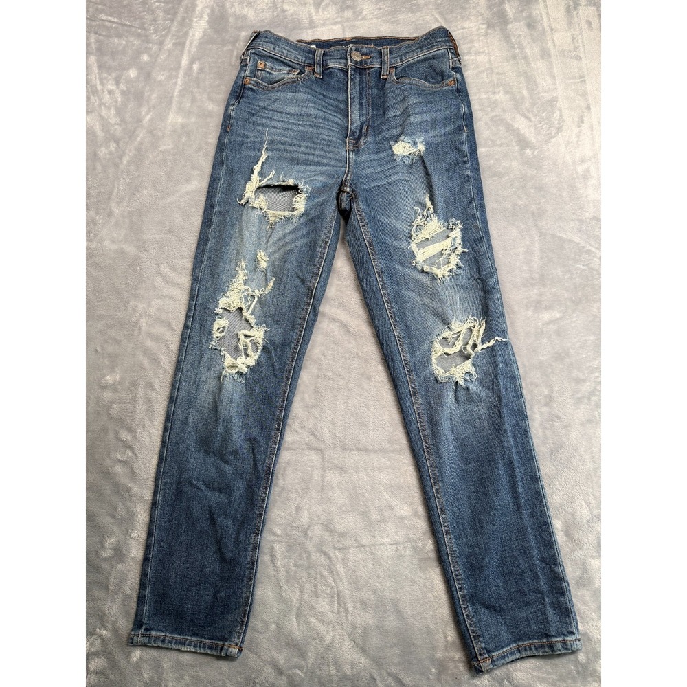 Aeropostale Stretch Mom Jeans Womens 2 Blue Denim Cotton Straight Leg Distressed